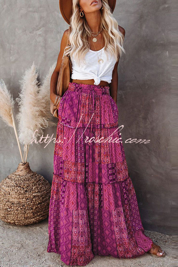 Print Stretch Elastic Waist Pocket High Waist Skirt