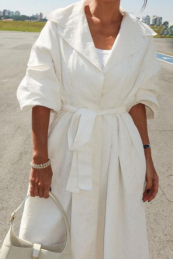 Color Lapel Long Sleeves Lace-up Waist Mid-length Coat
