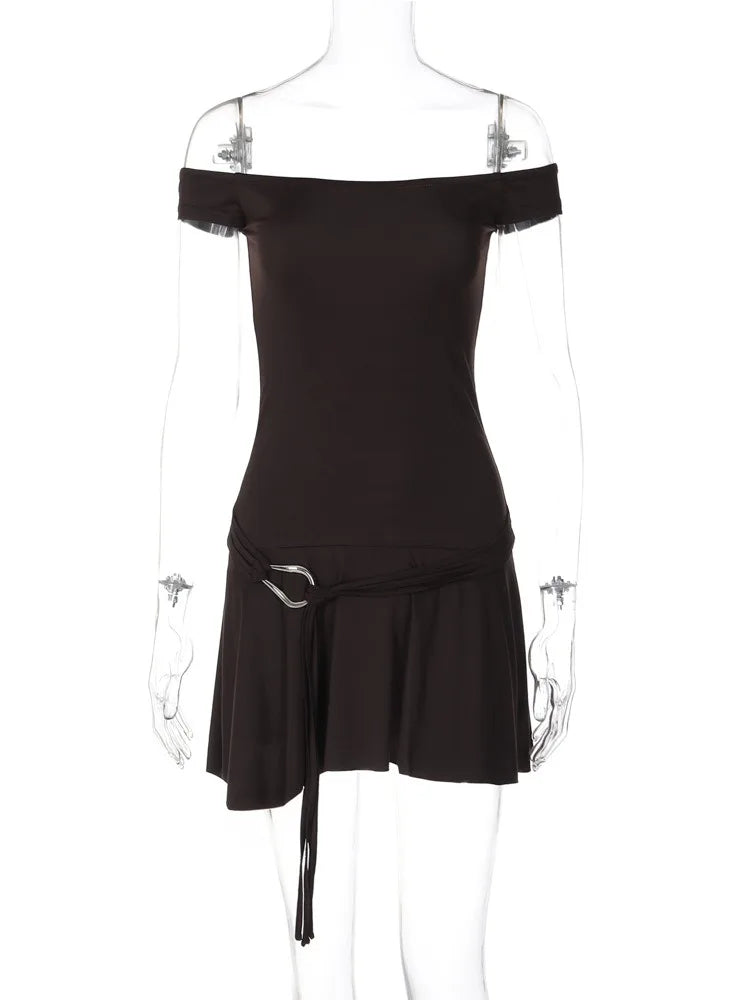 Off Shoulder Sleeveless Strapless Mini Dress for Splice Flounced Edge Slim With Belt Club Party Dresses Female