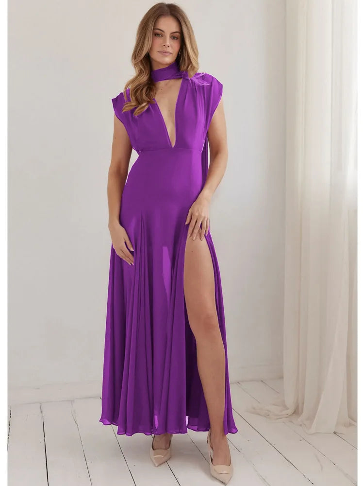 Sleeveless Bodycon Slit Party Evening Dress Deep V Backless Long Dress Autumn Winter Vestido