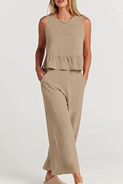 Sleeveless Pleated Vest Wide-leg Cropped Pants Suit