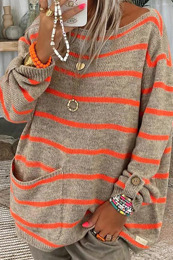 Color Contrast Stripe Pullover Round Neck Loose Sweater