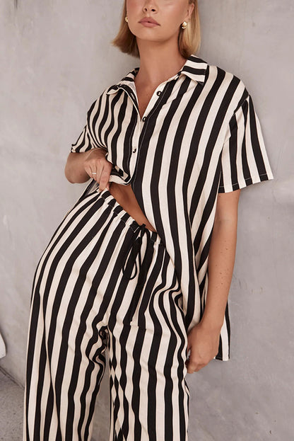 Erika Striped Shirt and Elastic Waist Pocket Wide Leg Pants Set