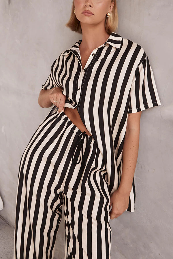 Erika Striped Shirt and Elastic Waist Pocket Wide Leg Pants Set
