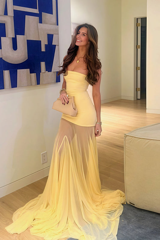 Slim Patchwork Sheer Strapless Maxi Dress