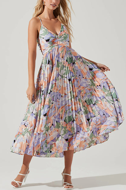 Wedding Party Season Print Pleated Back Tie-up Midi Dress