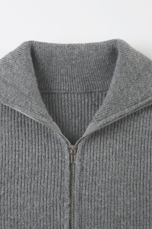 Minimalist Color Double Zipper Stand Collar Sweater