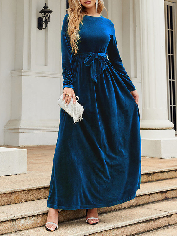 Long Sleeves Wrap Belted Pleated Color Zipper Round-neck Maxi Dresses