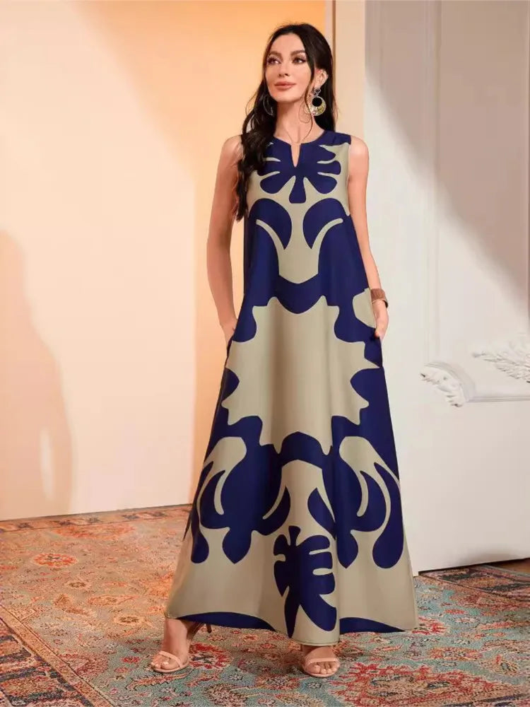 Simple Print Long Dresses Loose V-neck Style Sleeveless Dress Female Summer New Vestidos