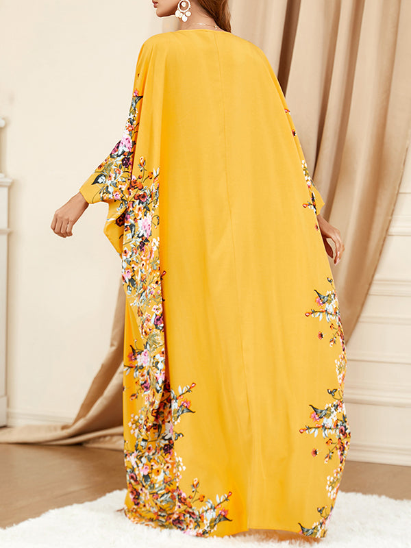 Batwing Sleeves Loose Muslim Printed Split-front Round-neck Maxi Dresses