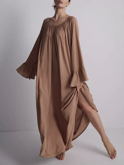 A-line Flared Sleeves Pleated Color Split-joint Round-neck Maxi Dresses