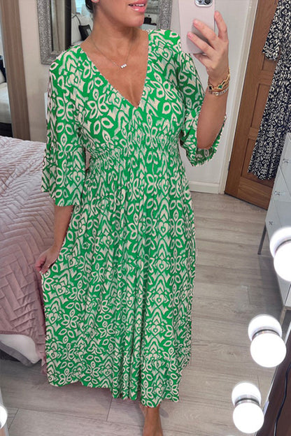 Print V-neck Waist Wrap Long Dress