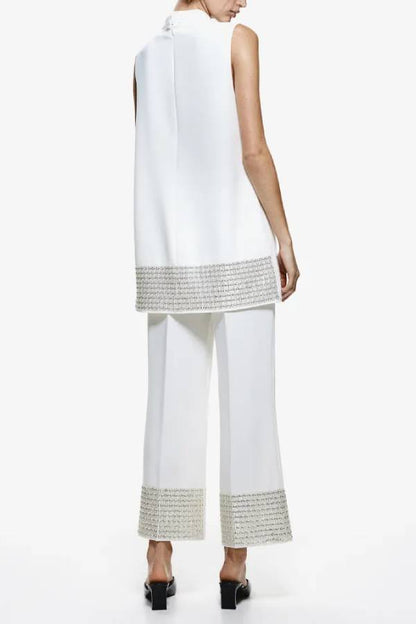 Simple but Not Simple Sequin Trim Back Elastic Waist Crop Loose Pants