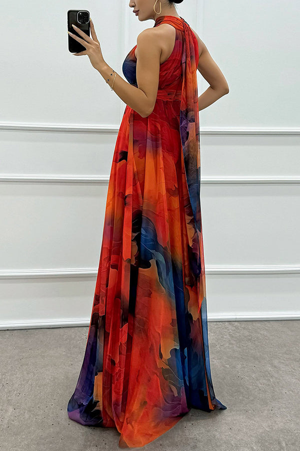 Elaine Tulle Splash Print Cutout Halter Tie-up Neck Gown Maxi Dress