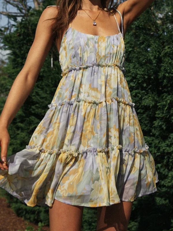 A-line Loose Flower Print Layered Pleated Split-joint Tied Spaghetti-neck Mini Dresses
