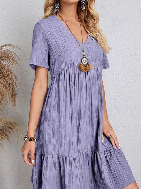 A-line Loose Pleated Color Split-joint V-neck Mini Dresses