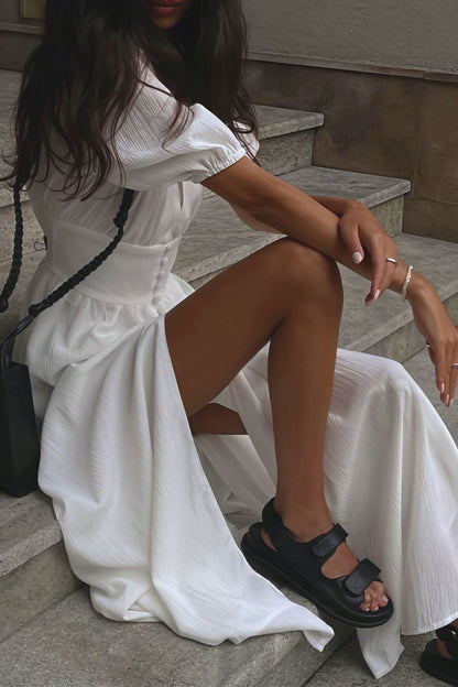 Puff Sleeve Deep V Slit Midi Dress