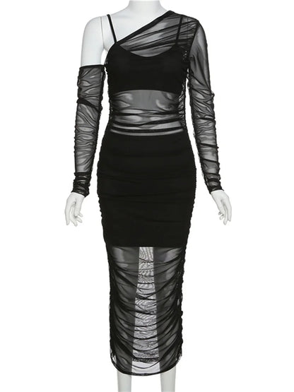 Mesh See Through Dress 3 Piece Set Female Clothing Slim Camisole Black Bodycon Skirts