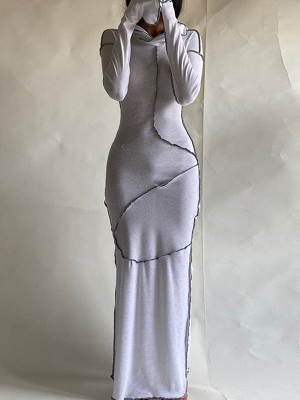 Long Sleeves Color Split-joint Hooded Maxi Dresses