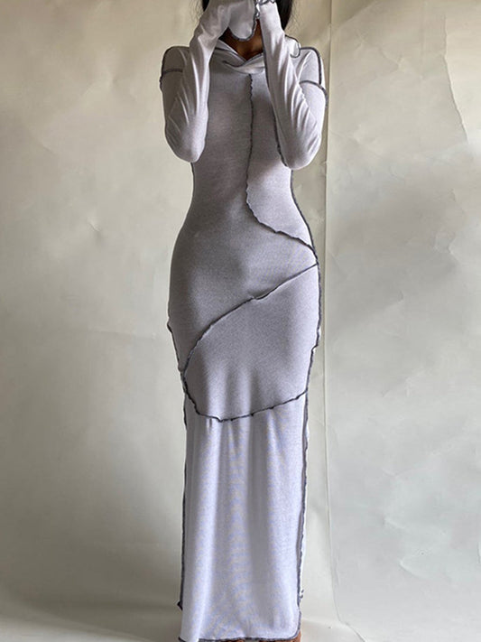 Long Sleeves Color Split-joint Hooded Maxi Dresses