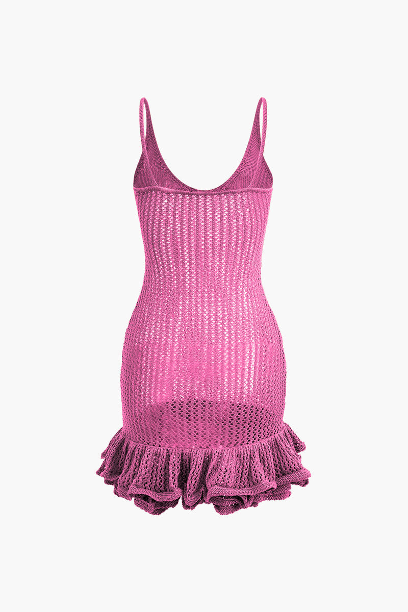 Color Open Knit Ruffle Hem Cami Mini Dress