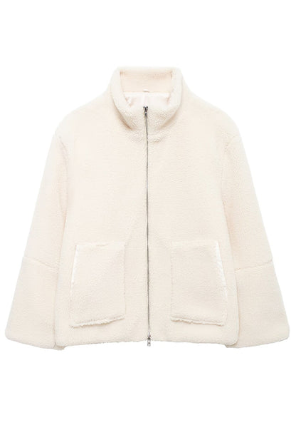Color Stitching High Collar Long Sleeve Loose Pocket Woolen Coat