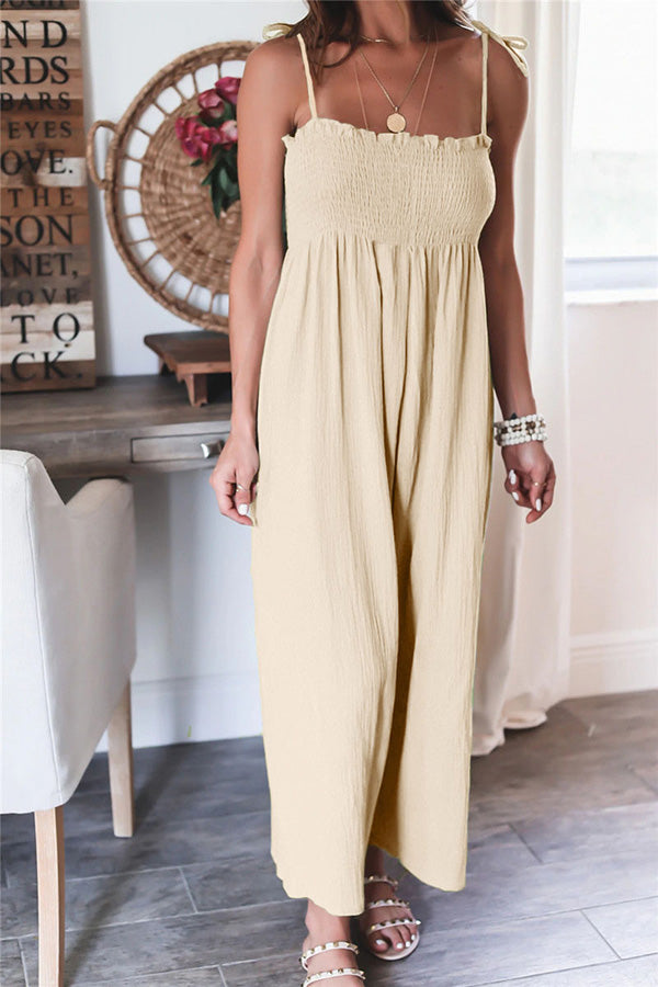Color High Waist Linen Blend Suspender Pleated Jumpsuit