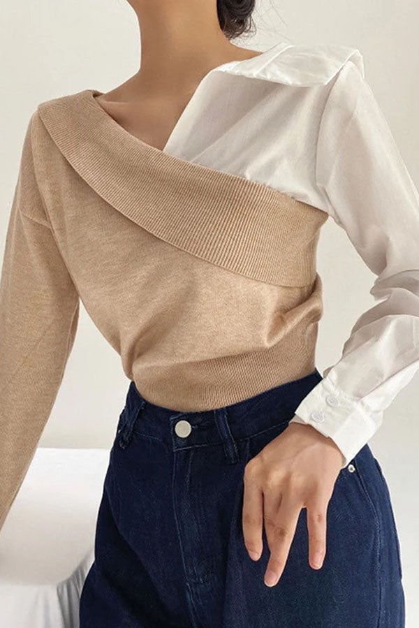 Stylish Patchwork Contrasting Long-sleeved V-neck Sweater