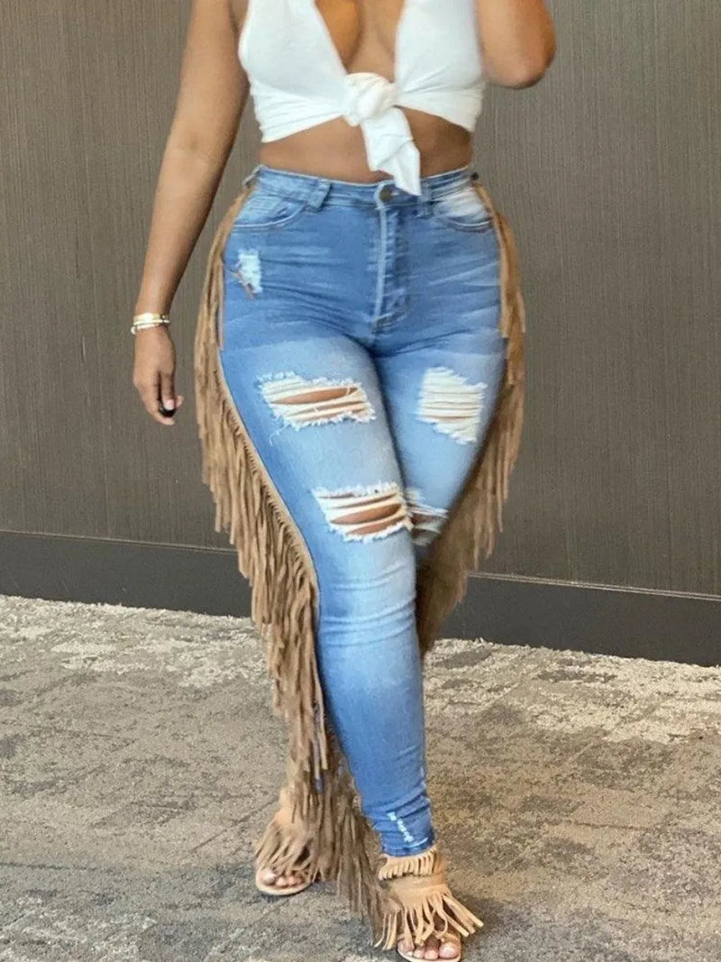 Summer Jeans Tassel Design Ripped Skinny Pants Y2k High Street Cargo Pants