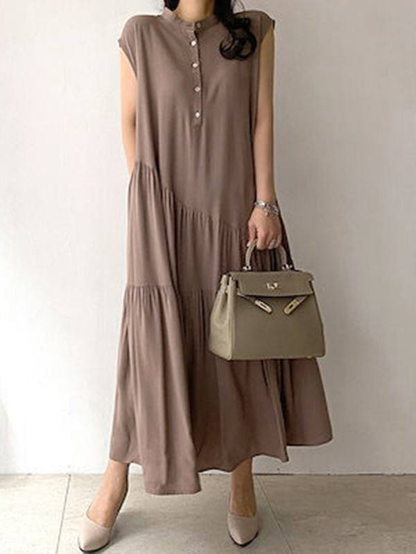 A-line Loose Buttoned Pleated Ruffled Color Split-joint Tiered Stand Collar Midi Dresses
