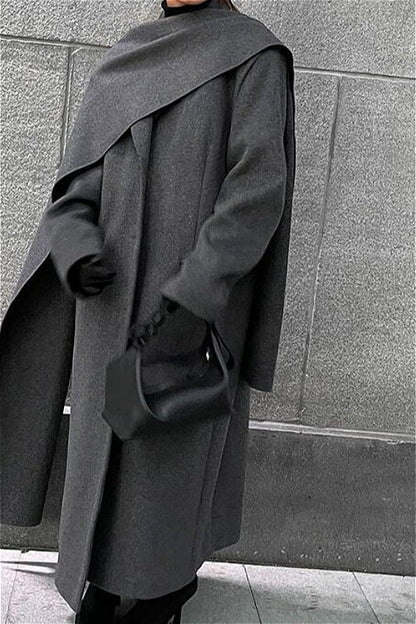 Scarf Collar Longline Woolen Overcoat