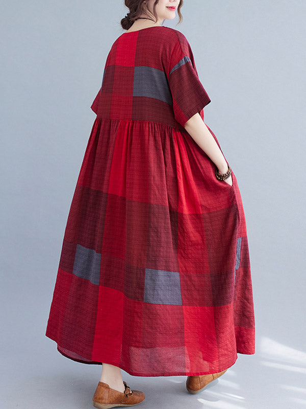 Artistic Retro Loose Color-block Pleated Round-neck Half Sleeves Midi Dress