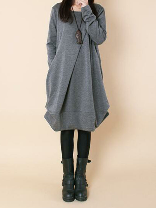 A-line Long Sleeves Pleated Color Round-neck Dresses Maxi Dresses