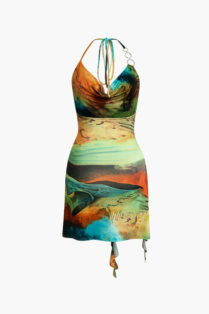 Abstract Print Halter Cowl Neck Slit Mini Dress With Tie Up