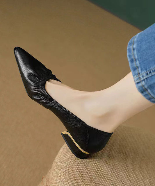 Classy Flat Shoes for Black Cowhide Leather Pointed Toe