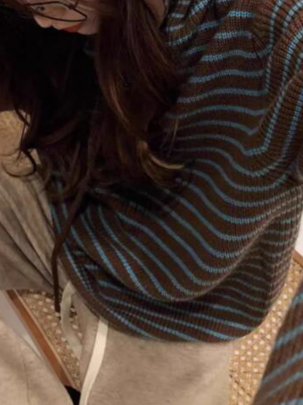Coffee Color Hooded Stripe Lace Up Sweater