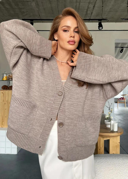 Oversized Knit Button Cardigan - ’s Long Sleeve V-neck Sweater