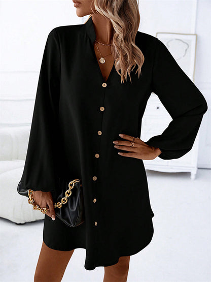 A-line Long Sleeves Buttoned Color V-neck Mini Dresses
