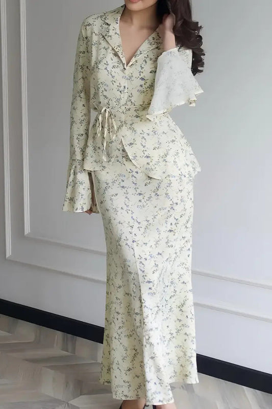 Long Sleeve Small Waist Cinch Top Midi Skirt Two Piece Set