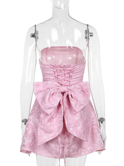 Backless Bow Mini Dress for Off-shoulder Strapless Sleeveless Bodycon Club Party Dress