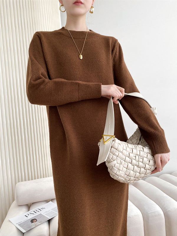 Urban Loose Long Sleeves Color Round-neck Sweater Dresses
