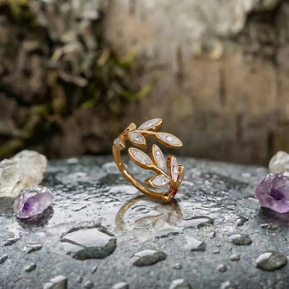 White Opal Leaf Adjustable Ring In Gold