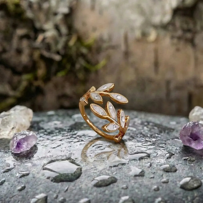 White Opal Leaf Adjustable Ring In Gold
