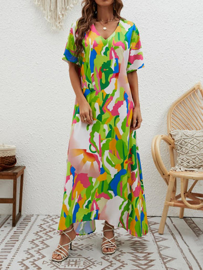 Loose Short Sleeves Contrast Color High-waisted Printed V-neck Maxi Dresses