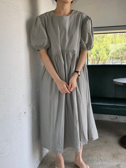 Original Loose Color Pleated Puff Sleeves Midi Dress