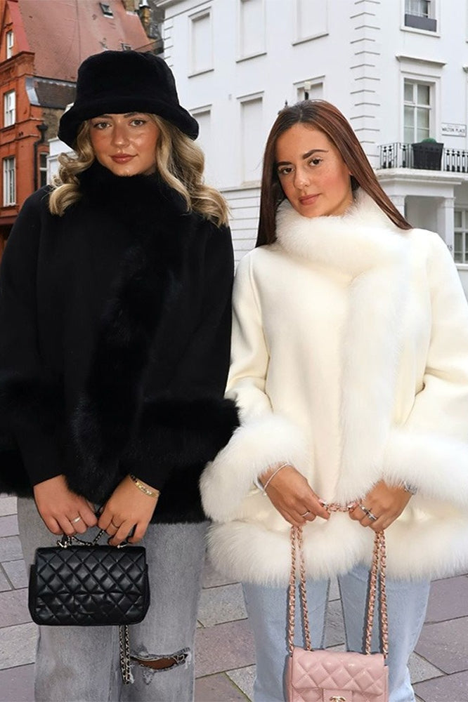 Fur Collar Paneled Cape Coat