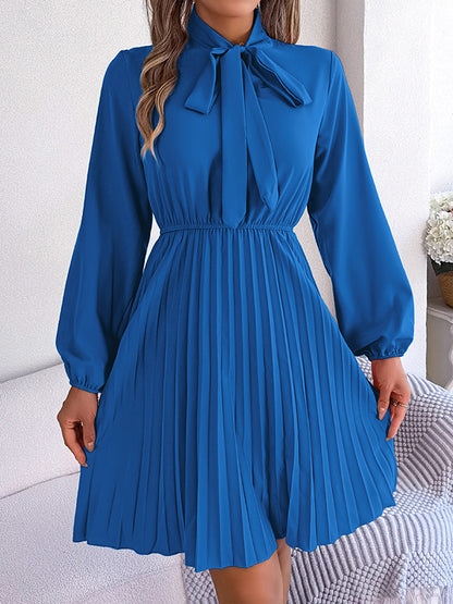 Long Sleeves Loose Pleated Color Tied Mock Neck Mini Dresses
