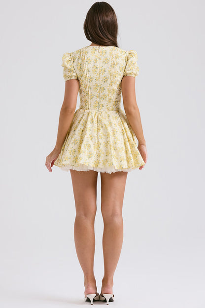 Buttercup Print Pleated Cotton Mini Dress