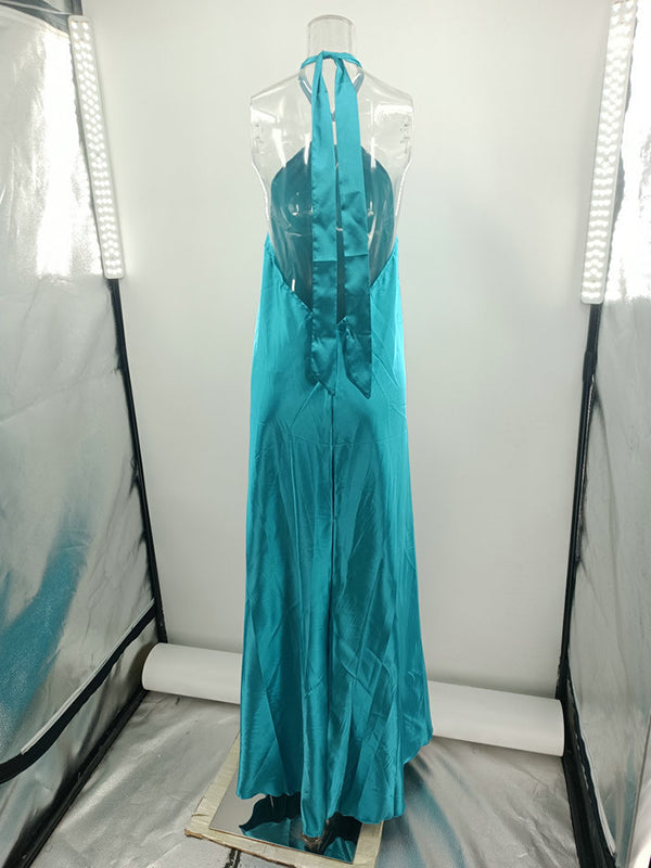 A-line Loose Backless Color Tied Halter-neck Maxi Dresses