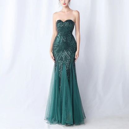 New High Waist Slim Fishtail Party Long Dresses Woman Tube Top Sleeveless Backless Sequined Evening Dress
